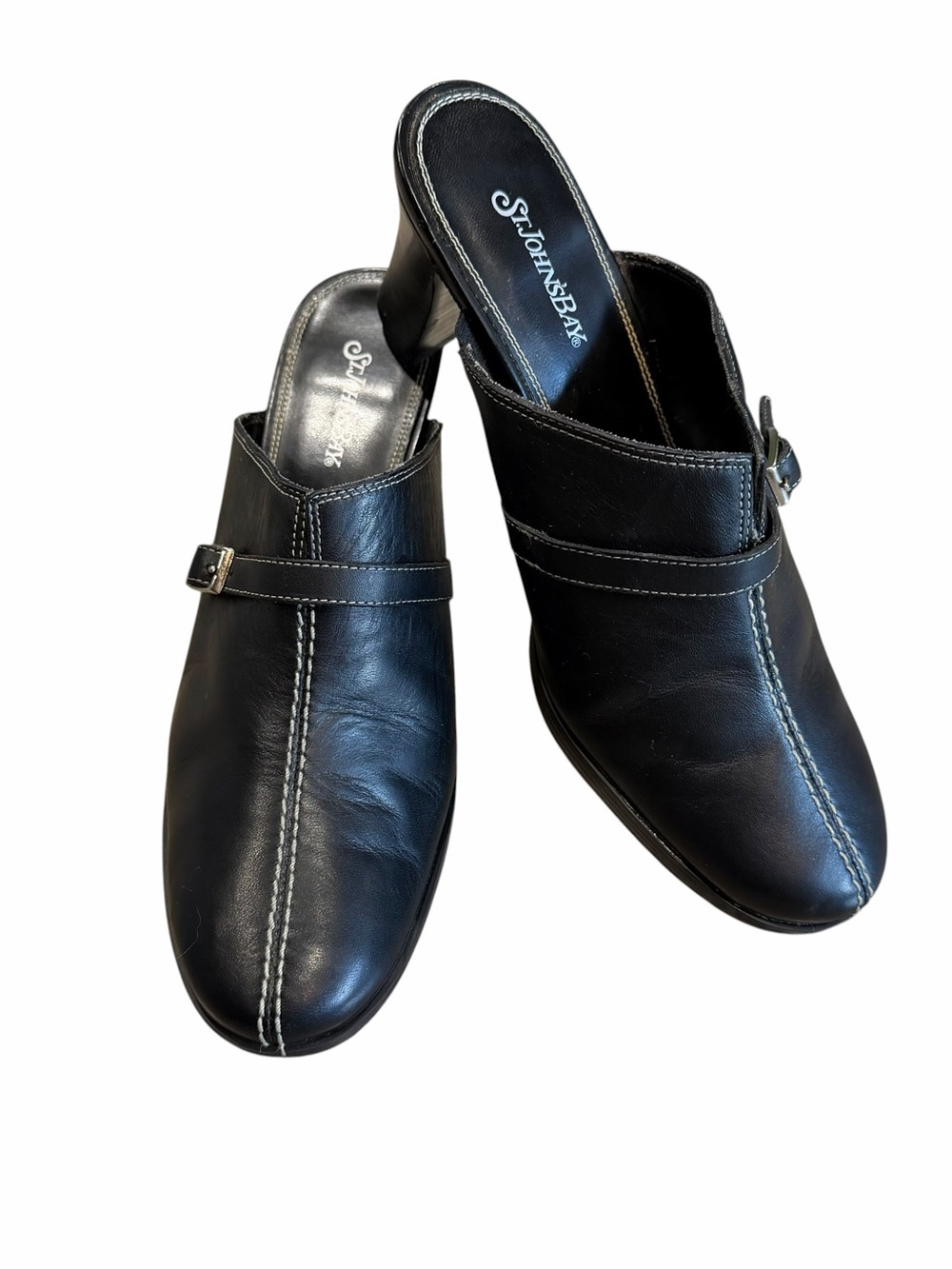 St John’s Bay Y2K Leather Shoes Size 8 Black Mules Clogs Buckle Office Neutral